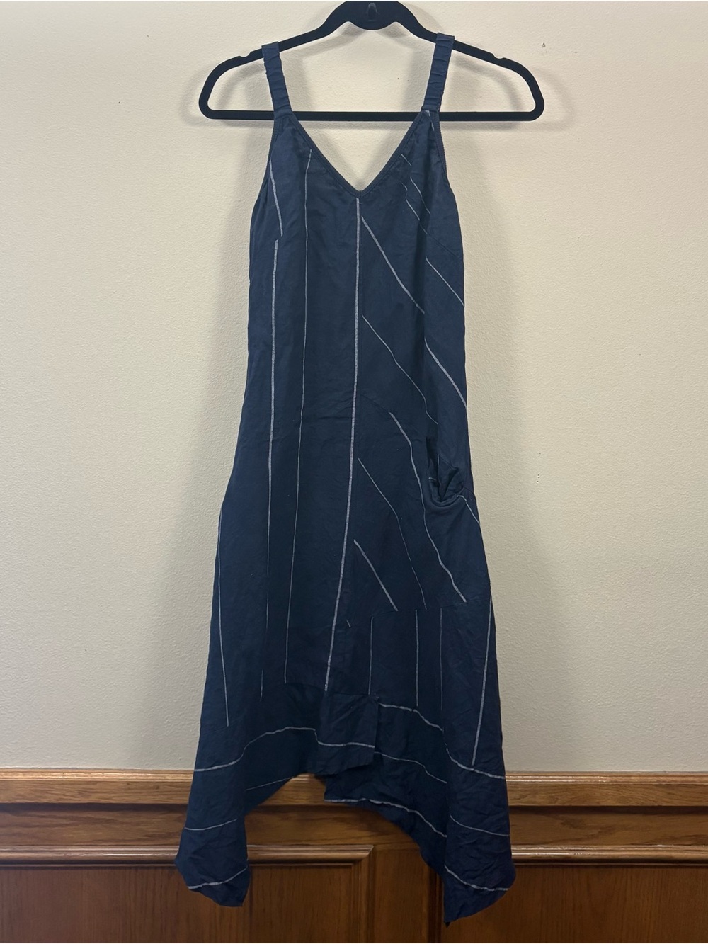 Inizio Magic blue Stripe 1 Pocket Dress women’s L linen hankerchief hem